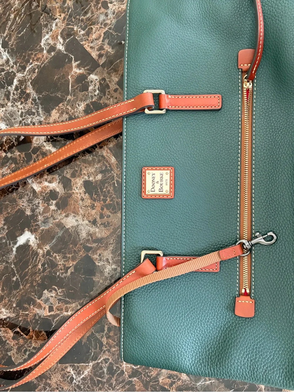 Dooney & Bourke Forest Green Pebbled Leather Tote with Brown Trim